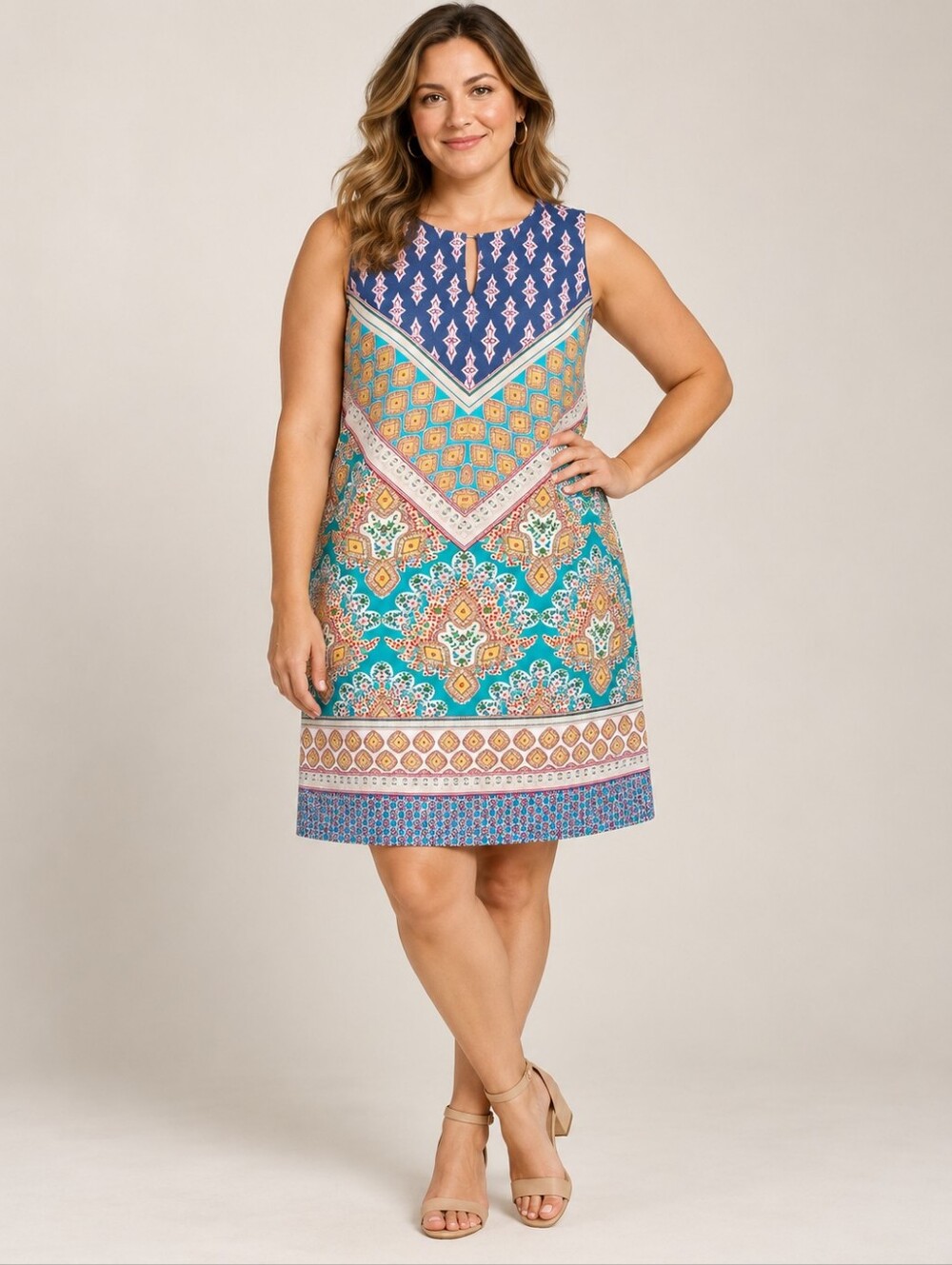 Nine West Sleeveless Geometric Boho Print Shift Dress